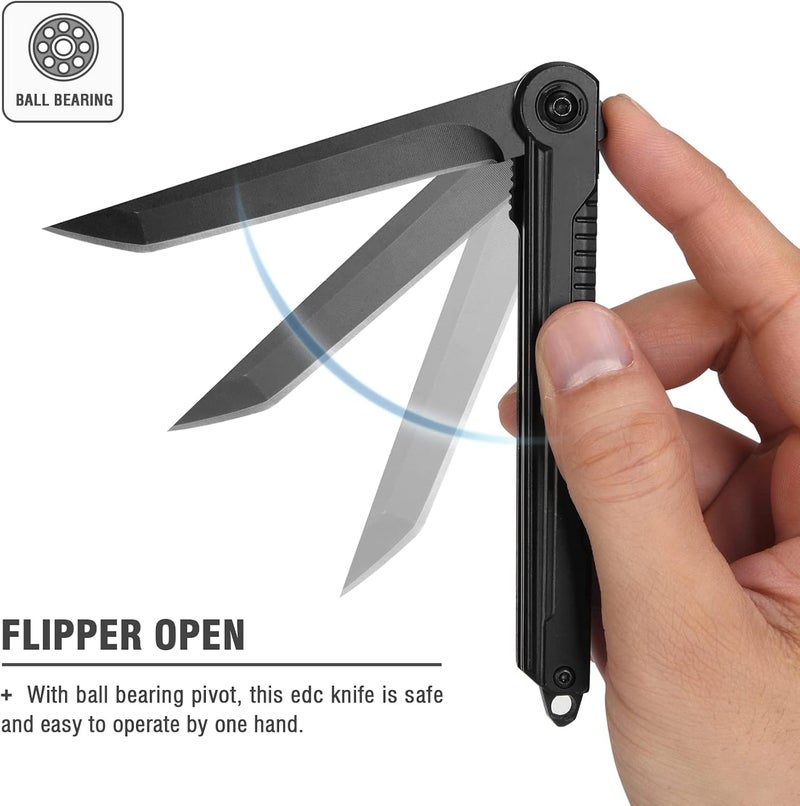 FUNBRO EDC Pocket Knife - 7CR13Mov Steel Tanto Blade, Slim Survival Knife with Clip and Liner Lock, Window Breaker for Outdoor Camping- Stocking stuffer Gifts for Men Women - Image 4
